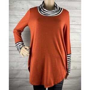42Pops Cowl Neck Shirt Medium Orange Black White Striped Trim Halloween Autumn